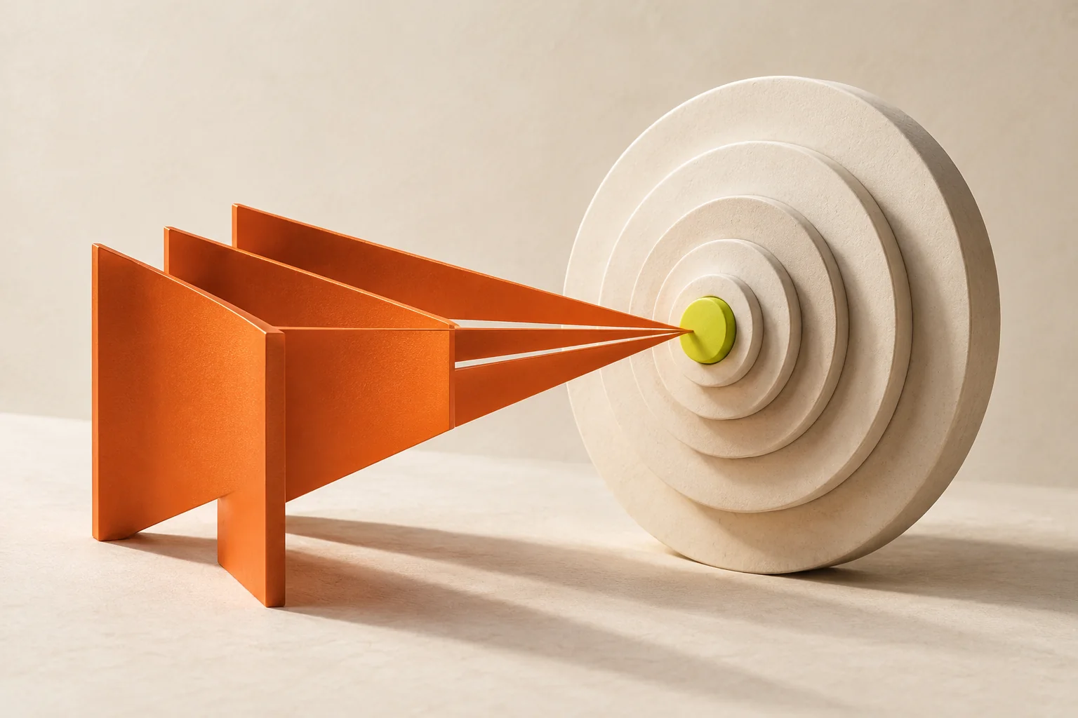 Conceptual studio sculpture of a directional beam meeting a concentric target.