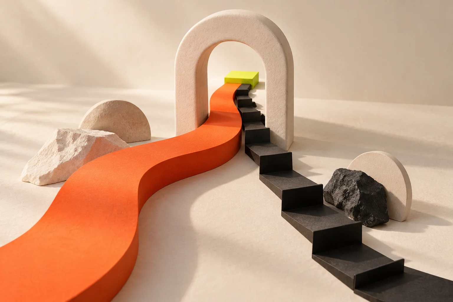 Conceptual sculpture of two complementary paths joining one opening.