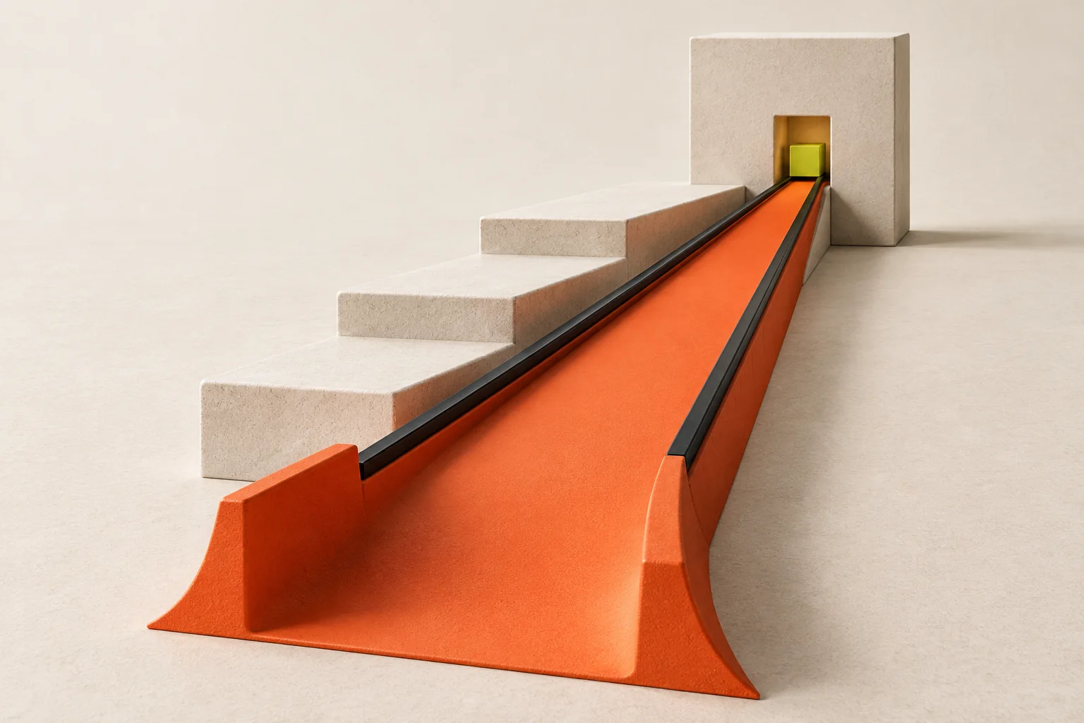 Conceptual sculpture focusing several paths toward one destination.