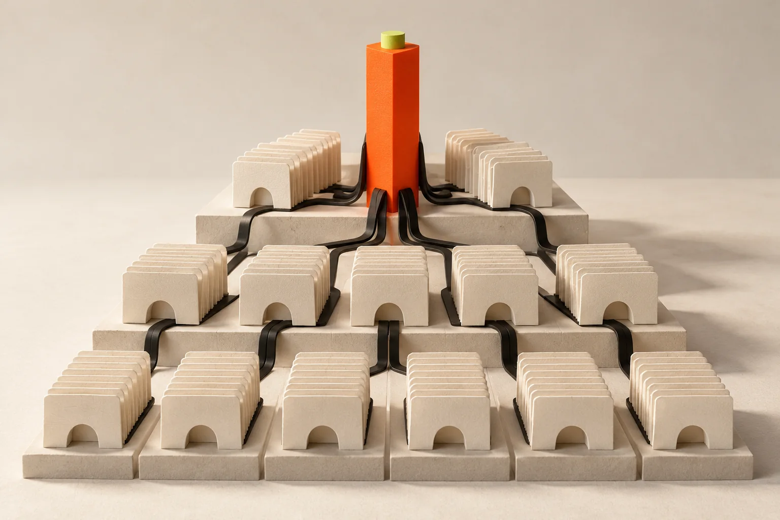 Conceptual paper architecture connecting indexed layers with a central beacon.